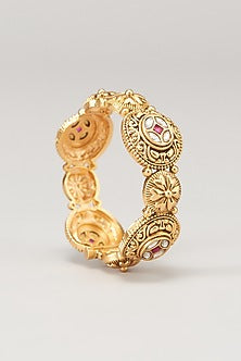 Gold Finish kundan Polki & Red Synthetic Stone Temple Bangles (Set Of 2)