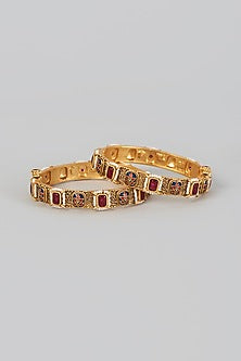 Gold Finish Red Stone Temple Bangles (Set of 2)