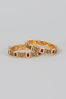 Gold Finish Red Stone Temple Bangles (Set of 2)