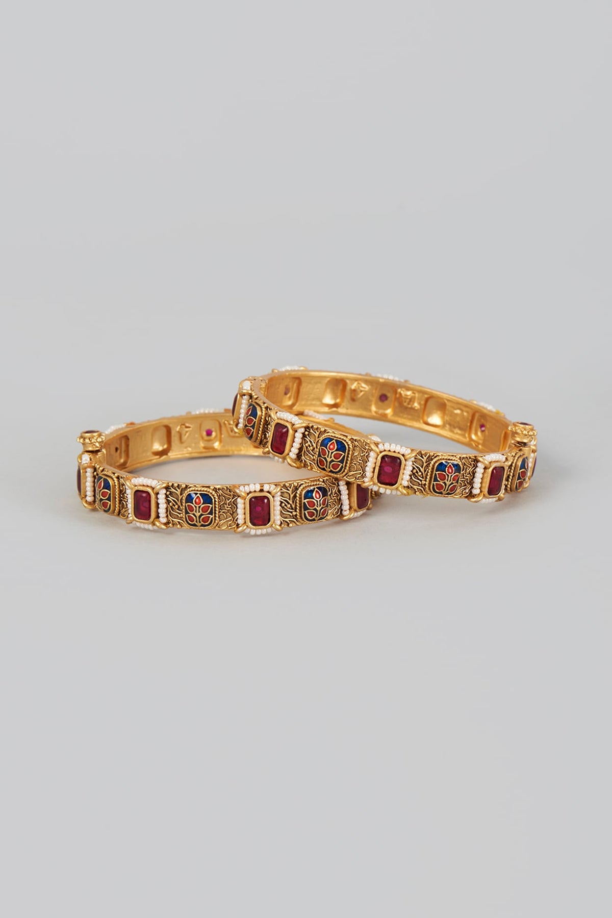 Gold Finish Red Stone Temple Bangles (Set of 2)