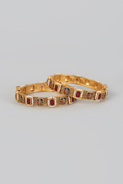 Gold Finish Red Stone Temple Bangles (Set of 2)