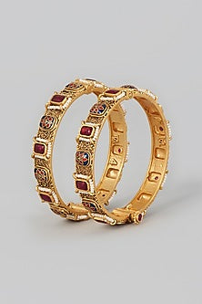 Gold Finish Red Stone Temple Bangles (Set of 2)