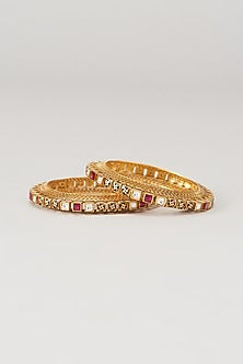 Gold Finish Kundan Polki & Red Synthetic Stone Bangles (Set Of 2)