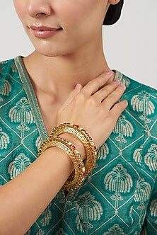 Gold Finish Kundan Polki & Red Synthetic Stone Bangles (Set Of 2)