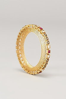 Gold Finish Kundan Polki & Red Synthetic Stone Bangles (Set Of 2)