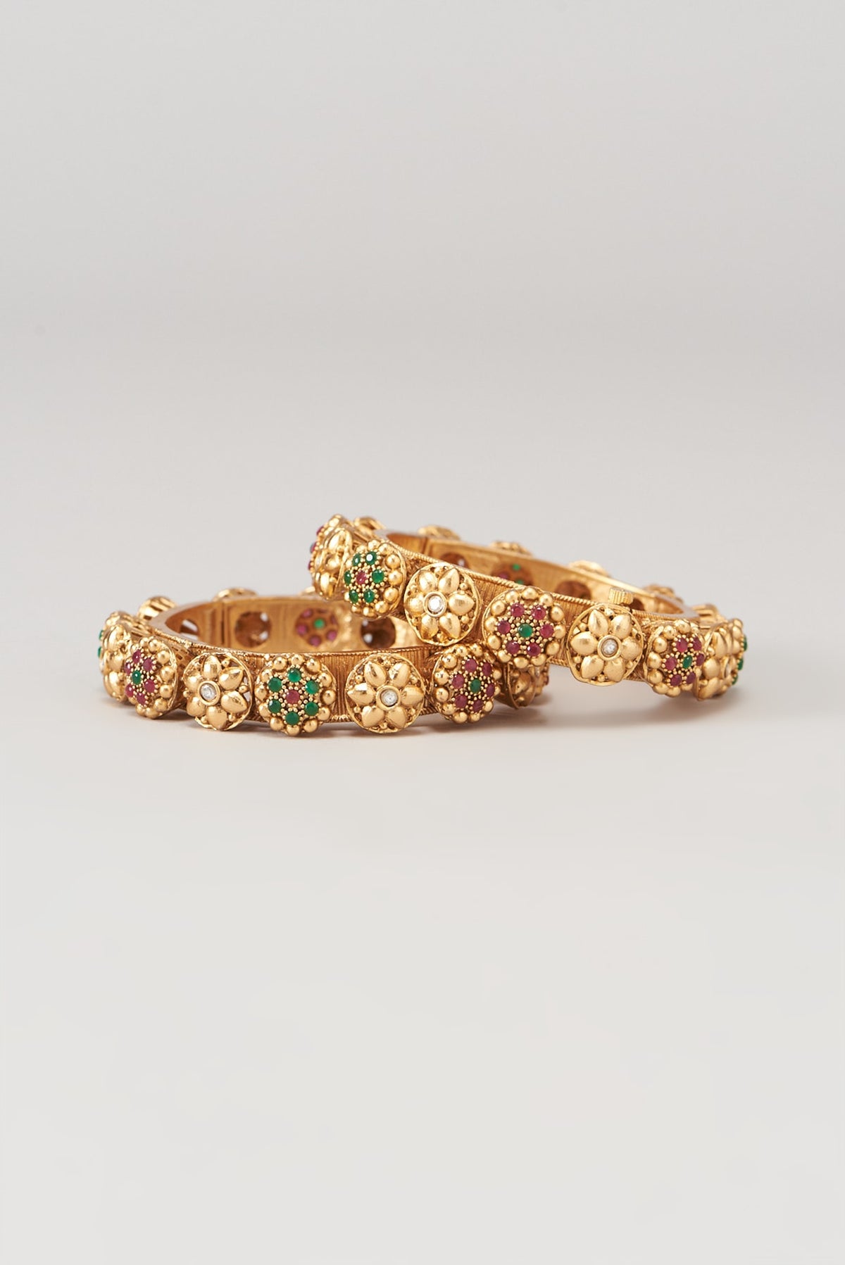 Gold Finish Kundan Polki & Synthetic Stone Temple Bangles (Set of 2)