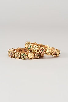 Gold Finish Kundan Polki & Synthetic Stone Temple Bangles (Set of 2)