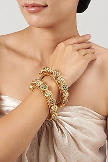 Gold Finish Kundan Polki & Synthetic Stone Temple Bangles (Set of 2)