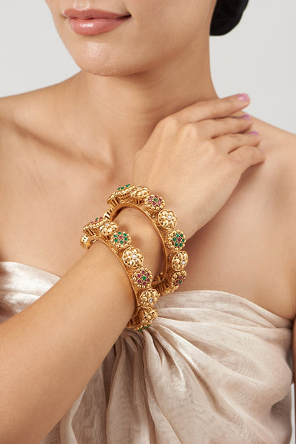 Gold Finish Kundan Polki & Synthetic Stone Temple Bangles (Set of 2)