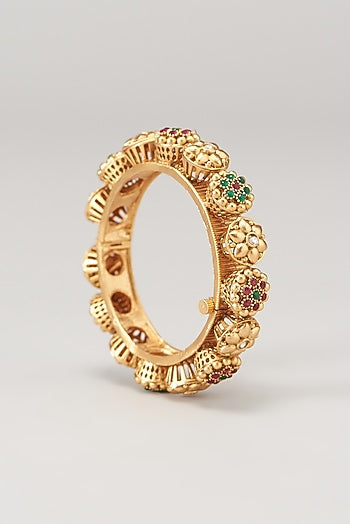 Gold Finish Kundan Polki & Synthetic Stone Temple Bangles (Set of 2)