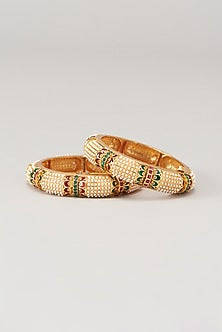 Gold Finish Pearl & Multi-Colored Stone Temple Bangles (Set of 2)