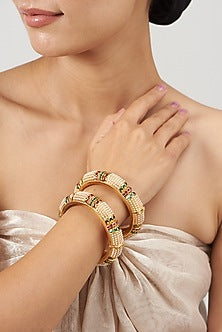 Gold Finish Pearl & Multi-Colored Stone Temple Bangles (Set of 2)