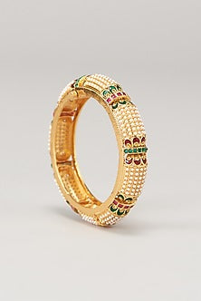 Gold Finish Pearl & Multi-Colored Stone Temple Bangles (Set of 2)