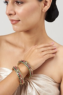 Gold Finish Multi-Colored Stone Enameled Bangles (Set of 2)
