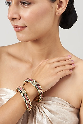 Gold Finish Multi-Colored Stone Enameled Bangles (Set of 2)