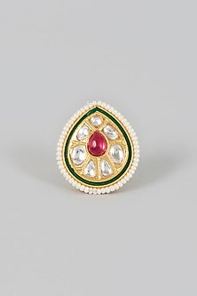 Gold Finish Kundan Polki & Red Stone Ring