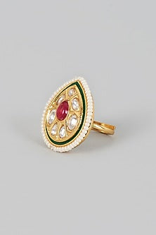 Gold Finish Kundan Polki & Red Stone Ring