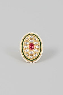 Gold Finish Kundan Polki & Red Stone Ring