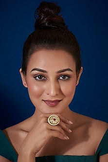 Gold Finish Kundan Polki & Red Stone Ring