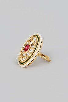 Gold Finish Kundan Polki & Red Stone Ring