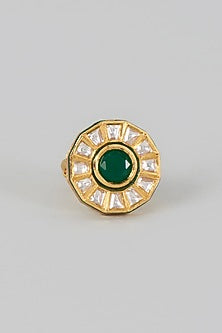 Gold Finish Kundan Polki & Green Stone Ring