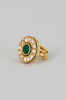 Gold Finish Kundan Polki & Green Stone Ring