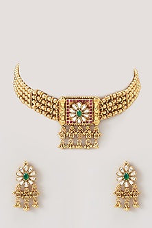Gold Finish Kundan Polki Choker Necklace Set