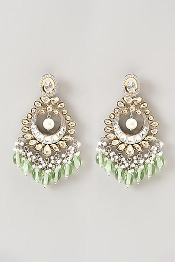 Two Tone Finish Kundan Polki & Green Synthetic Stone Dangler Earrings