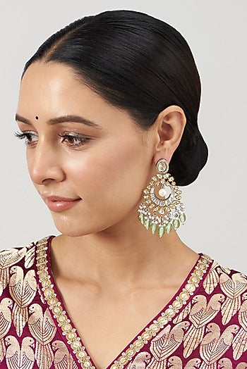 Two Tone Finish Kundan Polki & Green Synthetic Stone Dangler Earrings