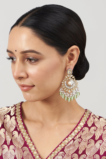 Two Tone Finish Kundan Polki & Green Synthetic Stone Dangler Earrings