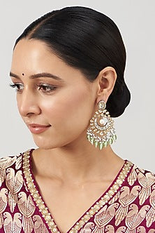 Two Tone Finish Kundan Polki & Green Synthetic Stone Dangler Earrings