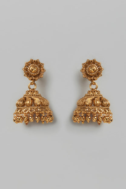 Gold Finish Kundan Polki Temple Jhumka Earrings