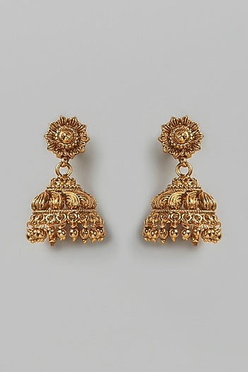 Gold Finish Kundan Polki Temple Jhumka Earrings