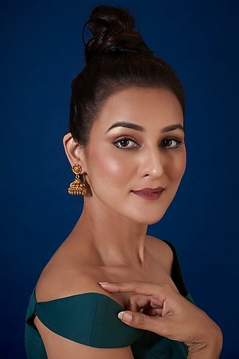 Gold Finish Kundan Polki Temple Jhumka Earrings