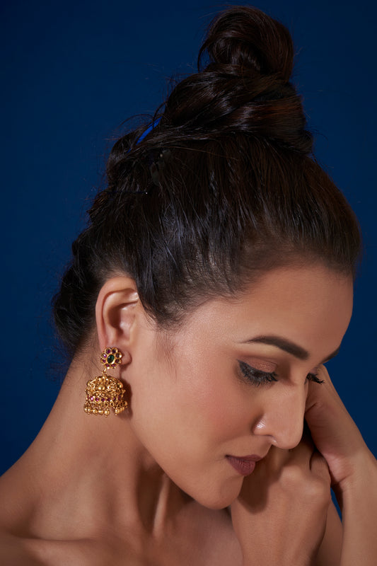 Gold Finish Synthetic Stone Temple Dangler Earrings