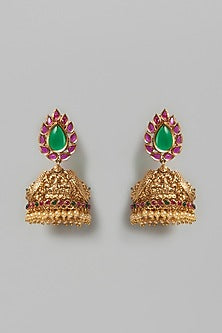 Gold Finish Synthetic Stone Temple Jhumka Earrings