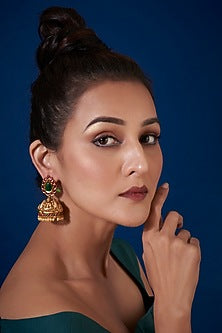 Gold Finish Synthetic Stone Temple Jhumka Earrings