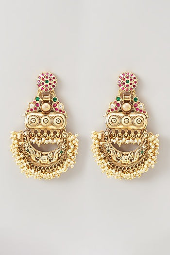 Gold Finish Kundan Polki & Pearl Chandbali Earrings