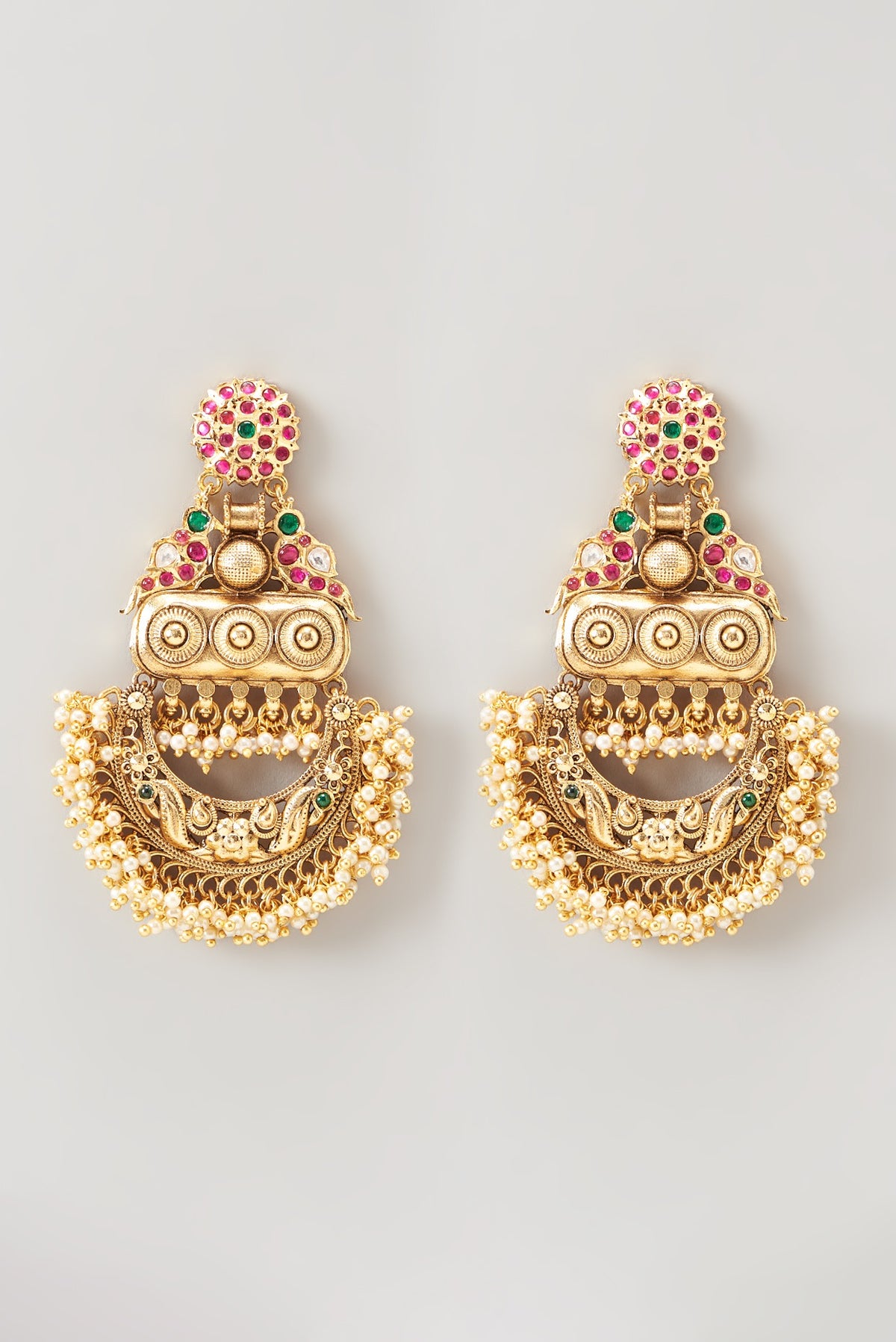 Gold Finish Kundan Polki & Pearl Chandbali Earrings