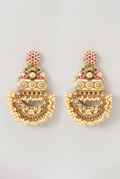 Gold Finish Kundan Polki & Pearl Chandbali Earrings