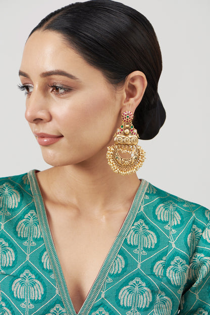 Gold Finish Kundan Polki & Pearl Chandbali Earrings