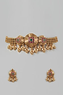 Gold Finish Synthetic Green & Red Stone Temple Choker Necklace Set