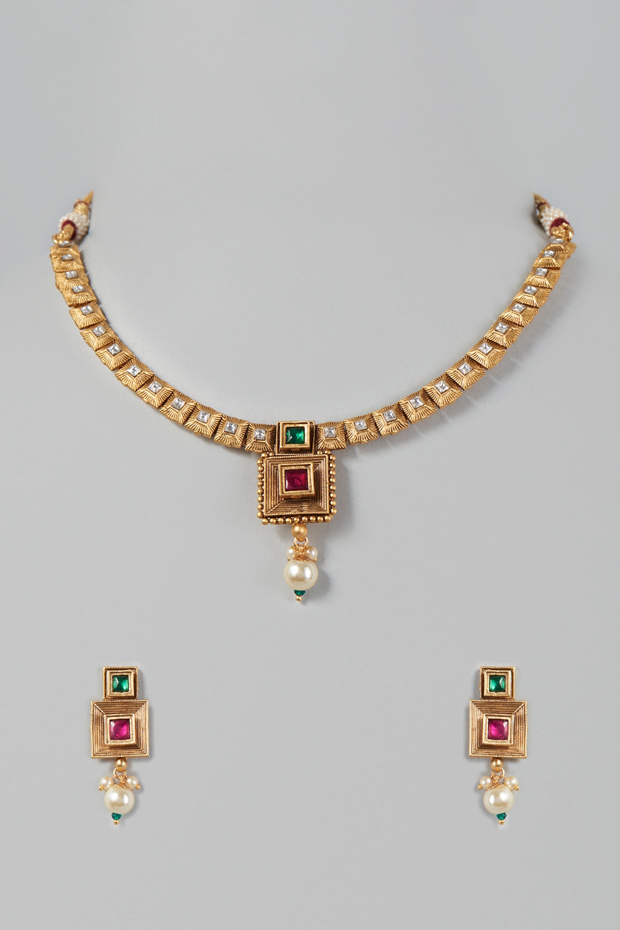 Gold Finish Kundan Polki Temple Necklace Set