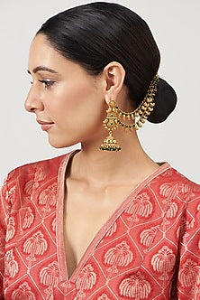 Gold Finish Kundan Polki & Synthetic Stone Temple Dangler Earrings