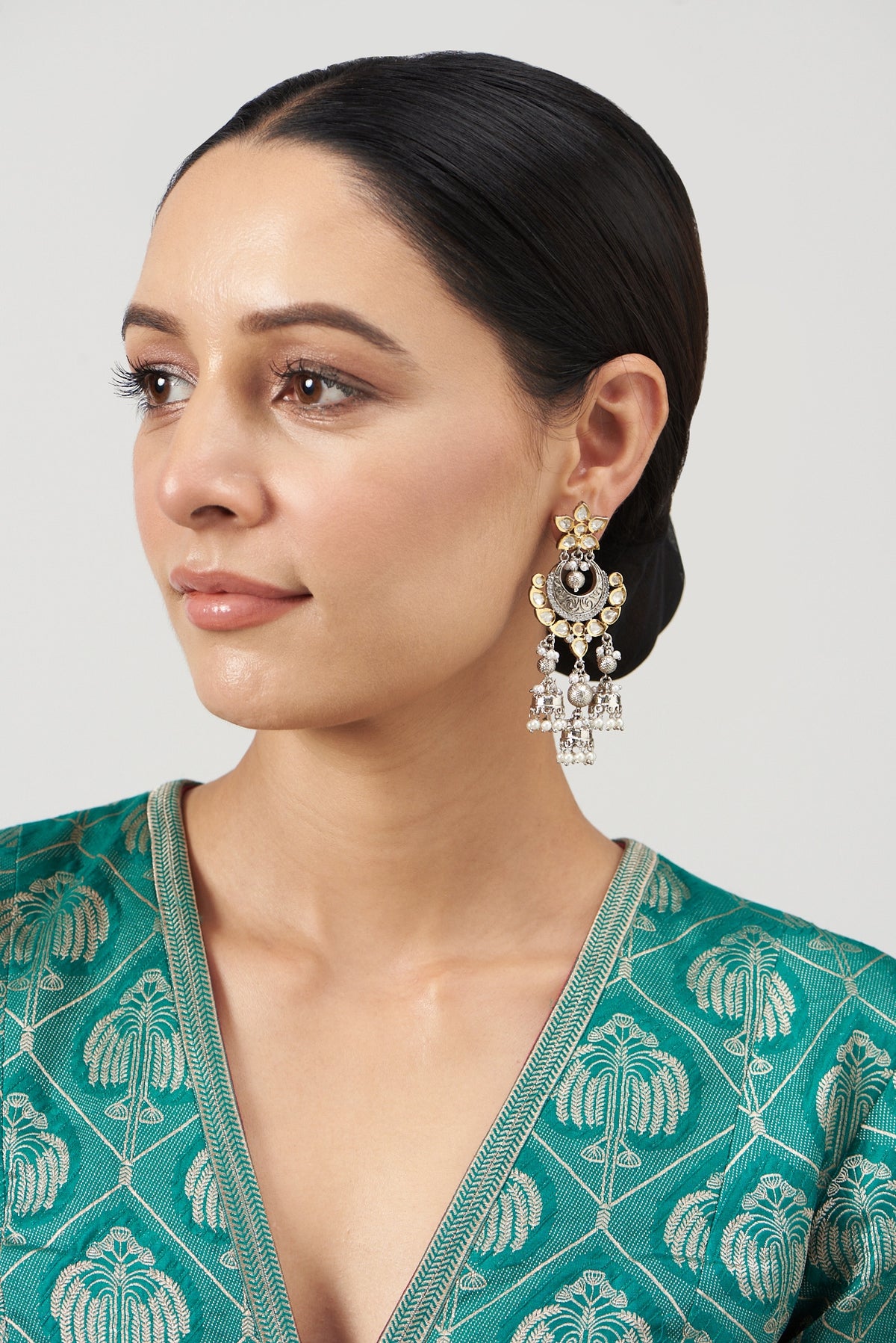 Two Tone Finish Kundan Polki & Pearl Dangler Earrings