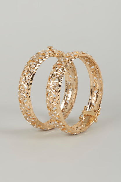 Gold Finish Kundan Polki & Beaded Bangles (Set of 2)