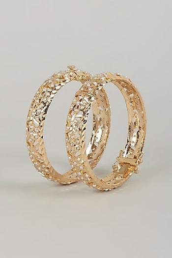 Gold Finish Kundan Polki & Beaded Bangles (Set of 2)