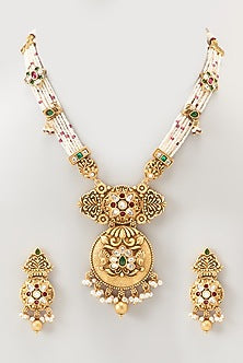 Gold Finish Kundan Polki & Pearl Long Temple Necklace Set