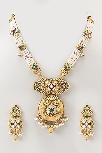 Gold Finish Kundan Polki & Pearl Long Temple Necklace Set
