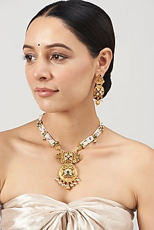 Gold Finish Kundan Polki & Pearl Long Temple Necklace Set